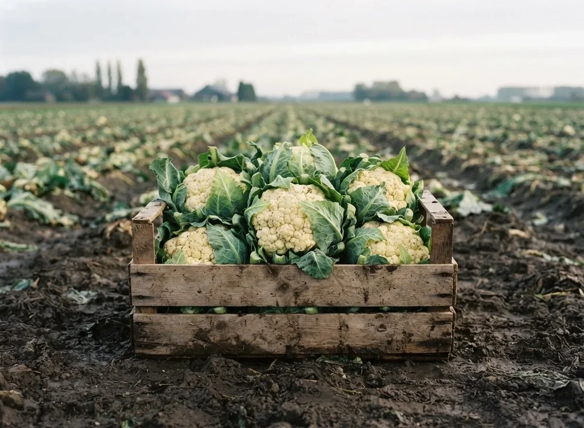 Bloemkool in een houten kist op een akker