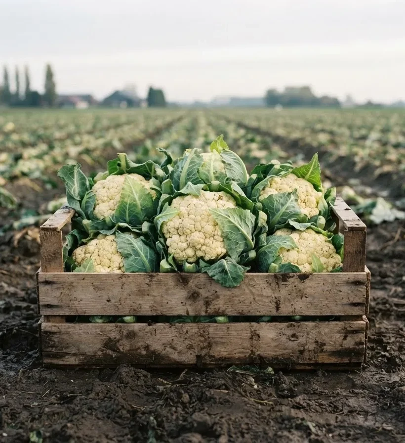 Bloemkool in een houten kist op een akker