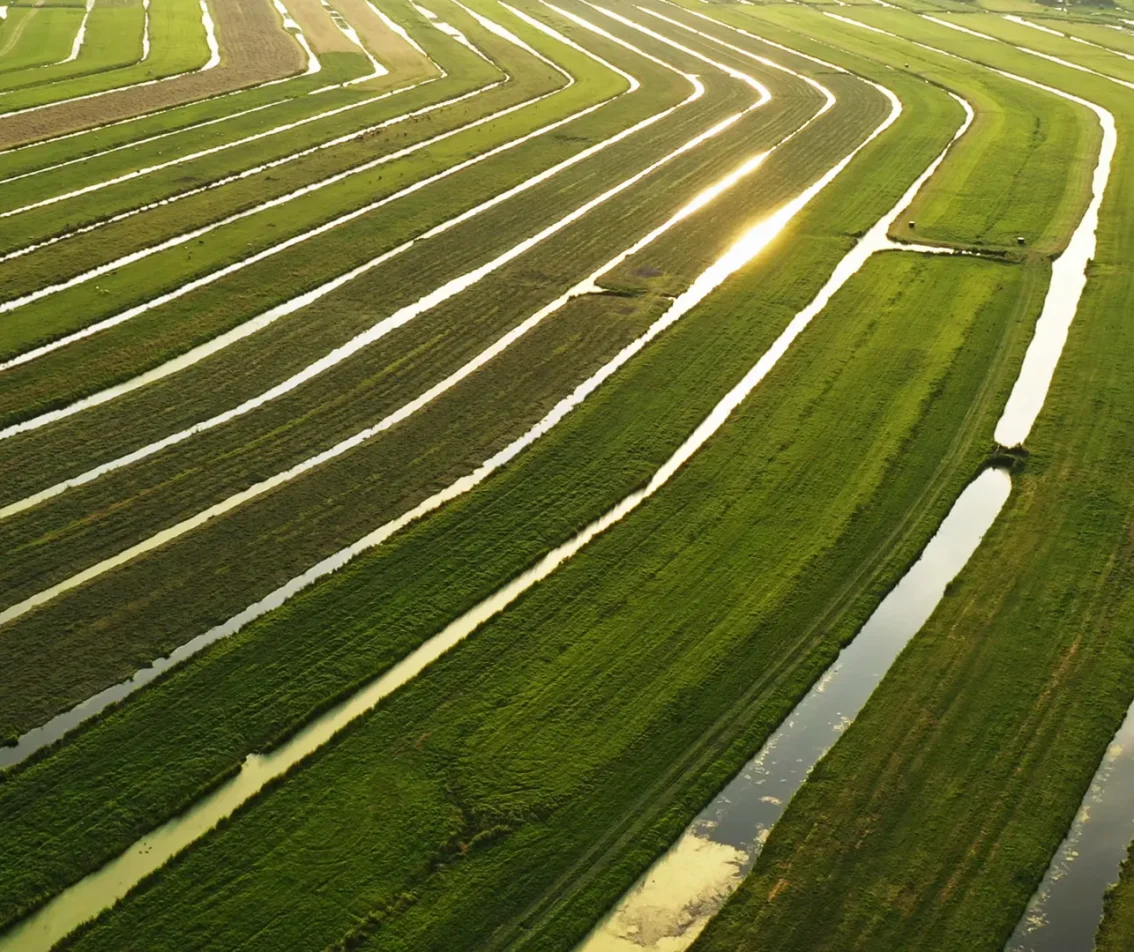Luchtfoto van het polderlandschap met groene percelen en waterlopen