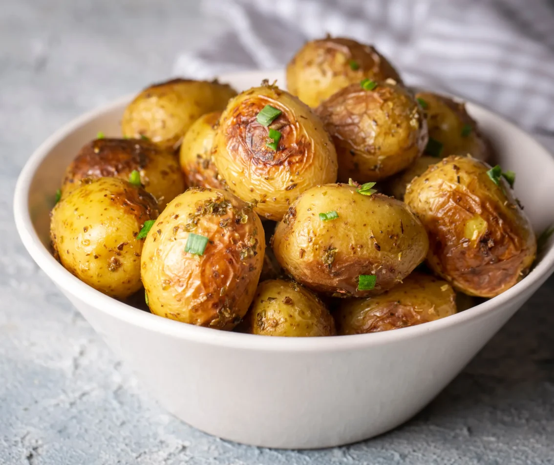 Gebakken kriel aardappelen in een witte kom