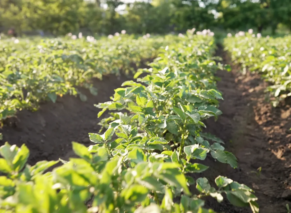 Rijen aardappelplanten op een veld